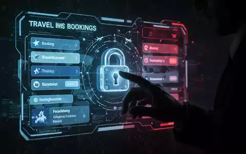 Schattenhafte Hand interagiert mit holografischer Oberfläche, die Reisebuchungsdetails und ein Sicherheitsschloss zeigt, symbolisiert KI-Phishing-Bedrohungen. - Foto: über boerse-global.de