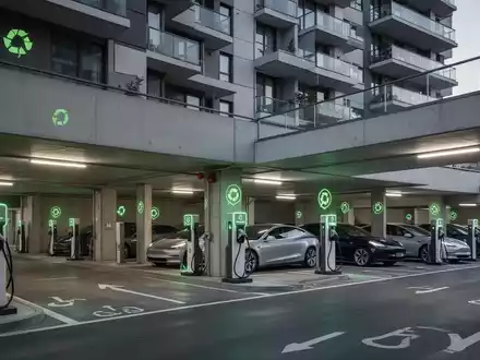 Moderne Tiefgarage eines Mehrparteienhauses mit mehreren E-Ladesäulen und vorverkabelten Stellplätzen, beleuchtet mit grünem Licht. - Foto: über boerse-global.de