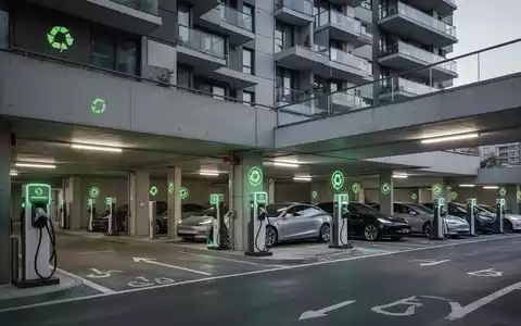 Moderne Tiefgarage eines Mehrparteienhauses mit mehreren E-Ladesäulen und vorverkabelten Stellplätzen, beleuchtet mit grünem Licht. - Foto: über boerse-global.de