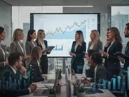 Eine vielfältige Gruppe von Fachleuten in einem modernen Büro, die Finanzdaten und Diagramme auf einem Bildschirm betrachten und diskutieren. - Foto: über boerse-global.de