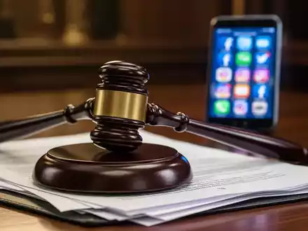 Hammer auf juristischen Dokumenten, im Hintergrund verschwommenes Smartphone mit Social-Media-Icons, symbolisiert eine Klage. - Foto: über boerse-global.de