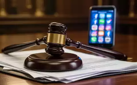 Hammer auf juristischen Dokumenten, im Hintergrund verschwommenes Smartphone mit Social-Media-Icons, symbolisiert eine Klage. - Foto: über boerse-global.de