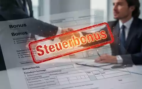 Eine Hand hält einen Stift über einem Steuerdokument mit einem leuchtenden 'Bonus'-Stempel, im Hintergrund verschwommen eine Händedruck-Szene. - Foto: über boerse-global.de