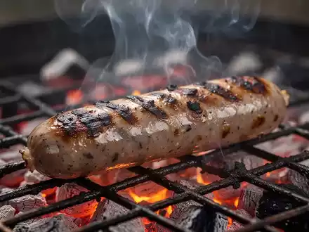 Nahaufnahme einer brutzelnden Wurst auf einem Grillrost mit aufsteigendem Rauch und glühenden Kohlen im Hintergrund. - Foto: über boerse-global.de