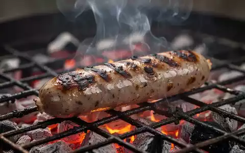 Nahaufnahme einer brutzelnden Wurst auf einem Grillrost mit aufsteigendem Rauch und glühenden Kohlen im Hintergrund. - Foto: über boerse-global.de