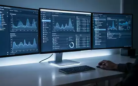 Moderner Desktop-Computer mit mehreren Monitoren, die Datendiagramme und Dateiverwaltungsoberflächen zeigen, eine Hand bedient eine Maus. - Foto: über boerse-global.de