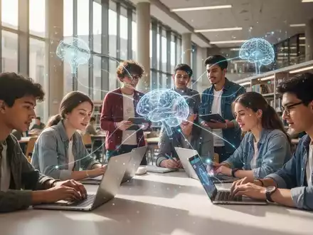 Studierende in moderner Uni mit Laptops, abstrakte digitale KI-Elemente. - Foto: über boerse-global.de
