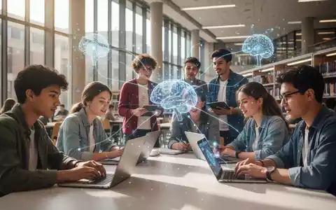 Studierende in moderner Uni mit Laptops, abstrakte digitale KI-Elemente. - Foto: über boerse-global.de