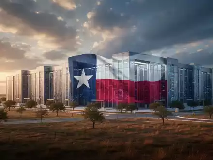 Großes, modernes Rechenzentrum in ländlicher texanischer Landschaft, dezenter Hinweis auf die texanische Flagge, unter dramatischem Himmel. - Foto: über boerse-global.de