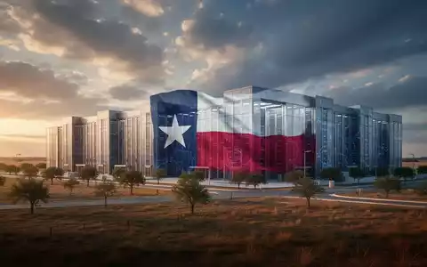 Großes, modernes Rechenzentrum in ländlicher texanischer Landschaft, dezenter Hinweis auf die texanische Flagge, unter dramatischem Himmel. - Foto: über boerse-global.de