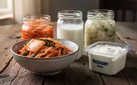Eine Nahaufnahme verschiedener fermentierter Lebensmittel wie Kimchi, Sauerkraut, Kefir und Joghurt auf einem Holztisch. - Foto: über boerse-global.de