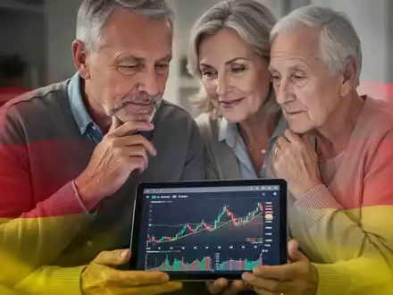 Ein nachdenkliches, reifes deutsches Paar betrachtet ein Tablet mit Finanzdiagrammen, vor einem Hintergrund in den Farben der deutschen Flagge. - Foto: über boerse-global.de