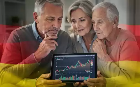 Ein nachdenkliches, reifes deutsches Paar betrachtet ein Tablet mit Finanzdiagrammen, vor einem Hintergrund in den Farben der deutschen Flagge. - Foto: über boerse-global.de