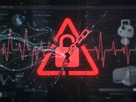 Digitale Oberfläche mit rotem Warnsymbol und kaputtem Vorhängeschloss, symbolisiert Gesundheitsdatenverstoß und Cybersicherheitsrisiko. - Foto: über boerse-global.de