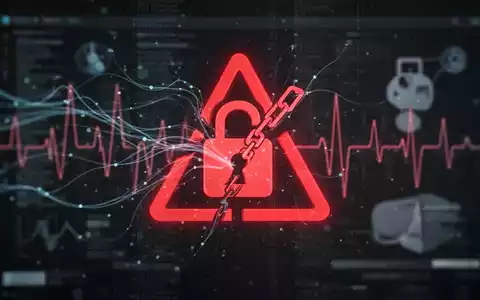 Digitale Oberfläche mit rotem Warnsymbol und kaputtem Vorhängeschloss, symbolisiert Gesundheitsdatenverstoß und Cybersicherheitsrisiko. - Foto: über boerse-global.de