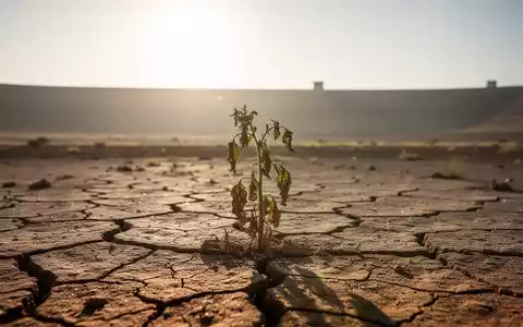 Trockene, rissige Erde unter sengender Sonne mit einer welkenden Pflanze und einem ausgetrockneten Stausee im Hintergrund. - Foto: über boerse-global.de