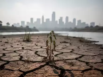 Ein ausgetrocknetes Flussbett mit rissiger Erde und einer verdorrten Pflanze unter einem diesigen Himmel, der Dürre symbolisiert. - Foto: über boerse-global.de