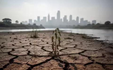 Ein ausgetrocknetes Flussbett mit rissiger Erde und einer verdorrten Pflanze unter einem diesigen Himmel, der Dürre symbolisiert. - Foto: über boerse-global.de