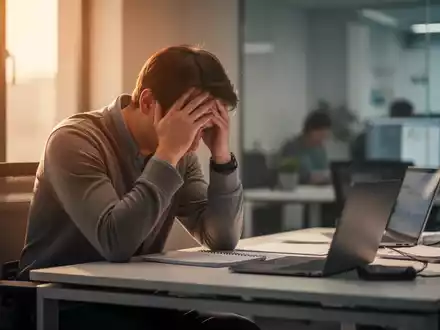 Eine Person sitzt an einem modernen Bürotisch, den Kopf in den Händen, wirkt gestresst. Sanftes Licht fällt durch ein Fenster. - Foto: über boerse-global.de