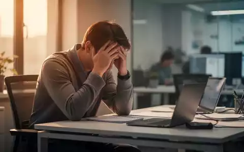 Eine Person sitzt an einem modernen Bürotisch, den Kopf in den Händen, wirkt gestresst. Sanftes Licht fällt durch ein Fenster. - Foto: über boerse-global.de