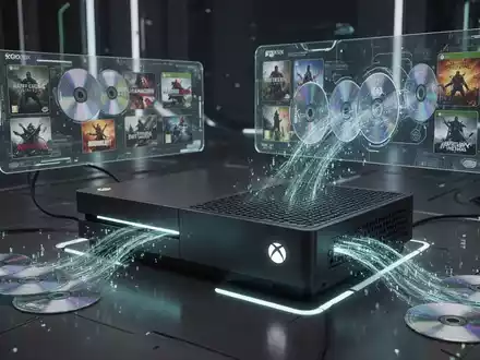 Schlanke, futuristische Xbox-Konsole mit leuchtendem digitalem Licht, wandelt physische Spiel-Discs in digitale Datenströme auf holografischer Oberfläche um. - Foto: über boerse-global.de