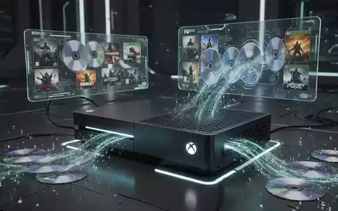 Schlanke, futuristische Xbox-Konsole mit leuchtendem digitalem Licht, wandelt physische Spiel-Discs in digitale Datenströme auf holografischer Oberfläche um. - Foto: über boerse-global.de