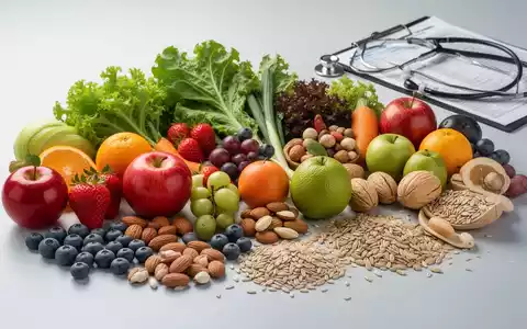 Eine Anordnung aus frischem Obst, Gemüse, Nüssen und Getreide mit einem Stethoskop im Hintergrund, symbolisiert personalisierte Ernährung bei chronischen Krankheiten. - Foto: über boerse-global.de