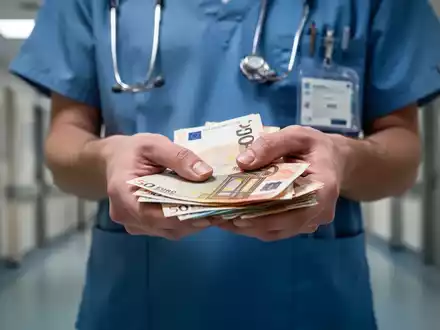 Nahaufnahme der Hände einer Pflegekraft, die Euro-Banknoten hält, im Hintergrund ein unscharfer Krankenhausflur. - Foto: über boerse-global.de