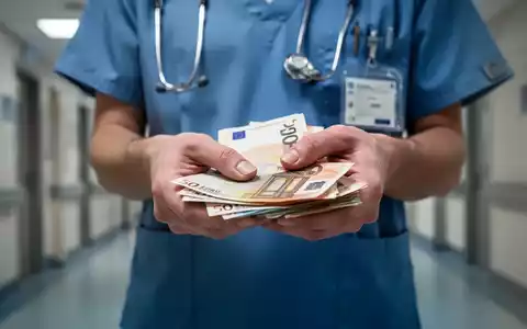 Nahaufnahme der HĂ€nde einer Pflegekraft, die Euro-Banknoten hĂ€lt, im Hintergrund ein unscharfer Krankenhausflur. - Foto: ĂŒber boerse-global.de