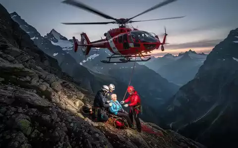 Rettungshubschrauber über steilem Schweizer Berghang bei Sonnenuntergang, Rettungskräfte kümmern sich um eine ältere Person. - Foto: über boerse-global.de