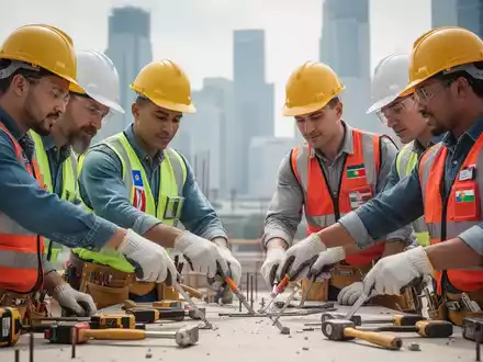 Diverse Fachkräfte aus verschiedenen Ländern arbeiten gemeinsam auf einer Baustelle. Sie tragen Helme und Sicherheitsausrüstung. - Foto: über boerse-global.de