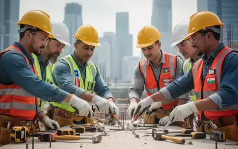 Diverse Fachkräfte aus verschiedenen Ländern arbeiten gemeinsam auf einer Baustelle. Sie tragen Helme und Sicherheitsausrüstung. - Foto: über boerse-global.de