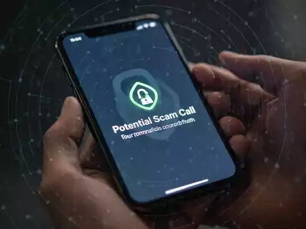 Ein Smartphone-Bildschirm zeigt eine Warnmeldung vor Telefonbetrug, mit einem unscharfen Hintergrund einer Hand, die das Telefon hält. - Foto: über boerse-global.de