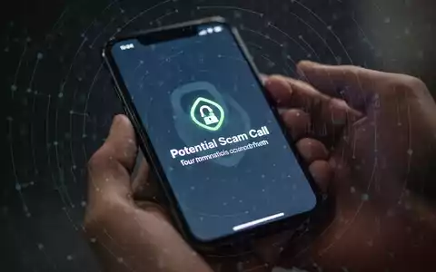 Ein Smartphone-Bildschirm zeigt eine Warnmeldung vor Telefonbetrug, mit einem unscharfen Hintergrund einer Hand, die das Telefon hält. - Foto: über boerse-global.de