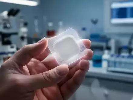 Nahaufnahme einer Hand, die ein dubios aussehendes, leuchtendes „natürliches“ Abnehm-Pflaster hält, im Hintergrund verschwommenes Forschungsequipment. - Foto: über boerse-global.de