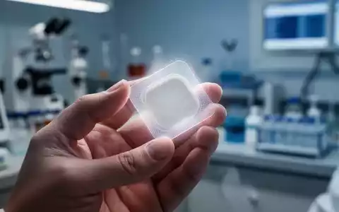 Nahaufnahme einer Hand, die ein dubios aussehendes, leuchtendes „natürliches“ Abnehm-Pflaster hält, im Hintergrund verschwommenes Forschungsequipment. - Foto: über boerse-global.de