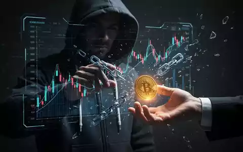 Schattenfigur manipuliert holografischen Krypto-Graphen, digitale Ketten zerbrechen um eine nach einer Münze greifende Hand. - Foto: über boerse-global.de