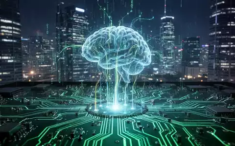 Eine futuristische, leuchtende Platine, aus der Datenströme in ein abstraktes, leuchtendes KI-Gehirn fließen. Im Hintergrund eine digitale Stadtlandschaft bei Nacht. - Foto: über boerse-global.de