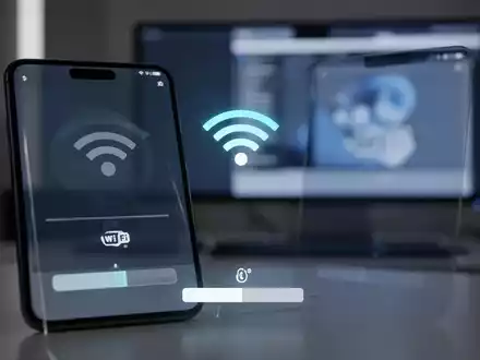 Smartphone-Bildschirm mit Datenübertragungsbalken, per WLAN mit Desktop-PC verbunden. - Foto: über boerse-global.de
