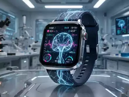 Eine futuristische Smartwatch zeigt komplexe Gesundheitsdaten mit leuchtenden neuronalen Netzmustern in einem High-Tech-Labor. - Foto: über boerse-global.de