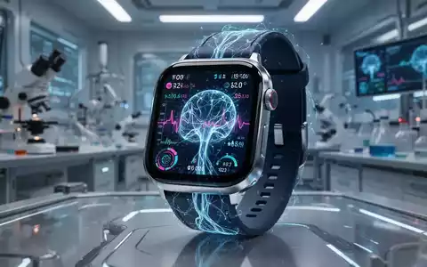 Eine futuristische Smartwatch zeigt komplexe Gesundheitsdaten mit leuchtenden neuronalen Netzmustern in einem High-Tech-Labor. - Foto: über boerse-global.de