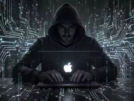 Schattenhafte Figur an einem Laptop mit Apple-Logo, umgeben von abstrakten Datenströmen, symbolisiert digitale Spionage und Datendiebstahl. - Foto: über boerse-global.de