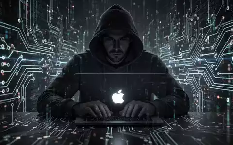Schattenhafte Figur an einem Laptop mit Apple-Logo, umgeben von abstrakten Datenströmen, symbolisiert digitale Spionage und Datendiebstahl. - Foto: über boerse-global.de