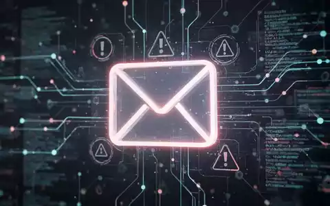 Stilisierte, leuchtende E-Mail mit Warnsymbolen vor verschwommenen digitalen Datenströmen. - Foto: über boerse-global.de