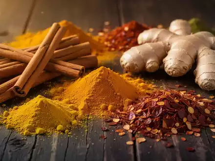Eine Nahaufnahme verschiedener bunter Gewürze wie Zimtstangen, Kurkumapulver, Ingwerwurzel und rote Chiliflocken auf einer dunklen Holzoberfläche. - Foto: über boerse-global.de