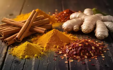 Eine Nahaufnahme verschiedener bunter Gewürze wie Zimtstangen, Kurkumapulver, Ingwerwurzel und rote Chiliflocken auf einer dunklen Holzoberfläche. - Foto: über boerse-global.de