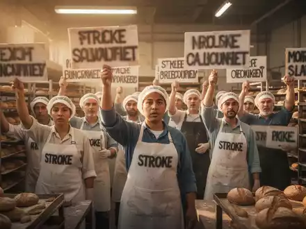 Arbeiter einer Großbäckerei streiken und halten Schilder, die Lohnforderungen und Ungleichheit thematisieren. - Foto: über boerse-global.de