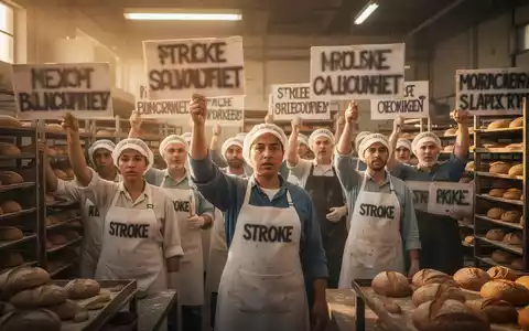 Arbeiter einer Großbäckerei streiken und halten Schilder, die Lohnforderungen und Ungleichheit thematisieren. - Foto: über boerse-global.de
