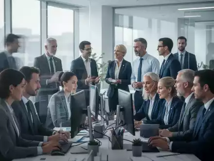 Eine Gruppe von Mitarbeitern des öffentlichen Dienstes arbeitet in einem modernen Büro zusammen, einige an Computern, andere im Gespräch. - Foto: über boerse-global.de