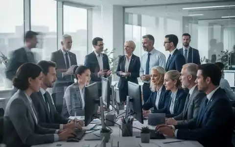 Eine Gruppe von Mitarbeitern des öffentlichen Dienstes arbeitet in einem modernen Büro zusammen, einige an Computern, andere im Gespräch. - Foto: über boerse-global.de